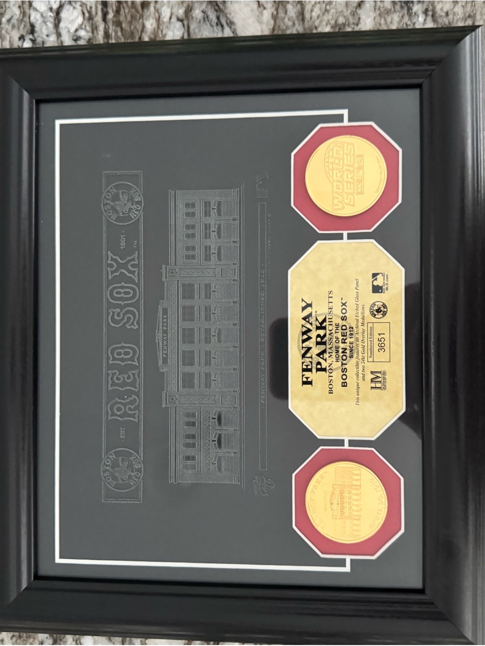Fenway Park Boston Red Sox Framed Etched Glass   24kt gold overlay medallions